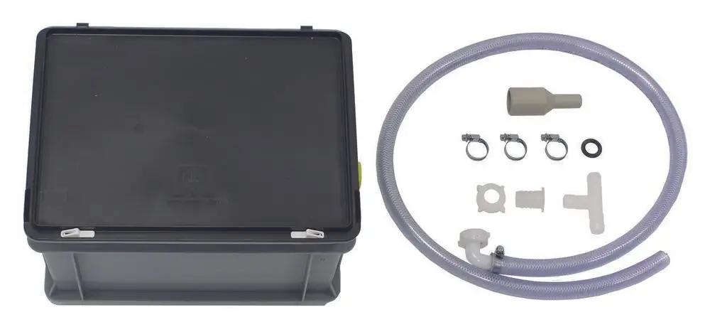 Vaillant Neutralisationseinrichtung in grauem Behälter mit flexibel transparentem Schlauch und verschiedenen Zubehörteilen für Gas Brennwertkessel bis 450 kW.